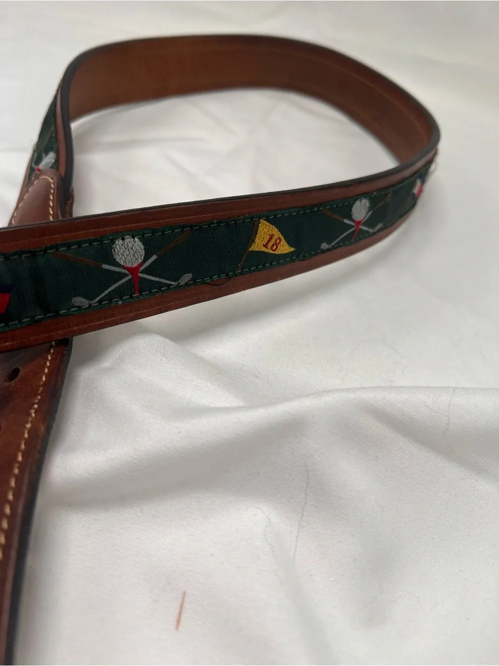 Tommy Hilfiger Brown Leather Belt with Green Embroidered Accent